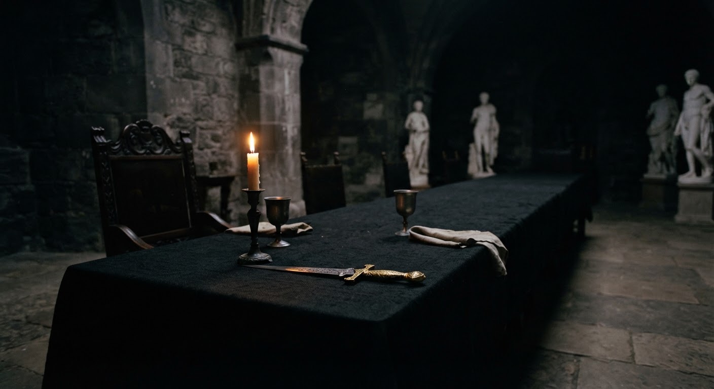 A mesa do banquete de Senigallia, vazia, à luz de uma única vela. Ilustração gerada por IA para “O preço da força emprestada”.